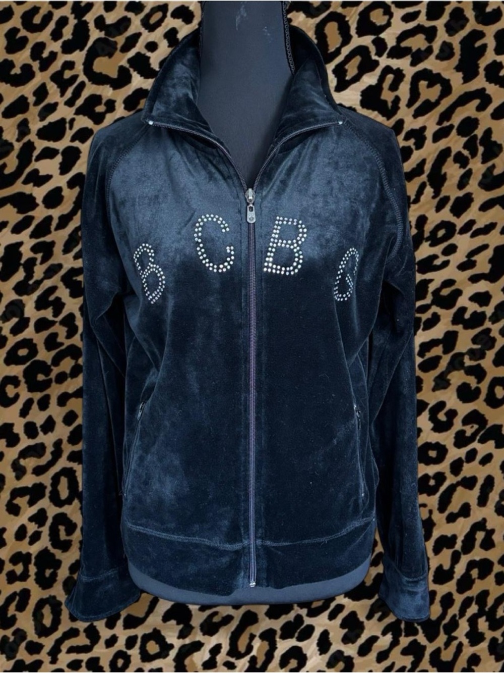 BCBGMaxAzria Black Velour Rhinestone Zip Jacket